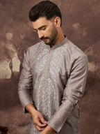 Men Grey Silk Blend Solid Embroidered Straight Kurta With Pant Set-MKSET1420
