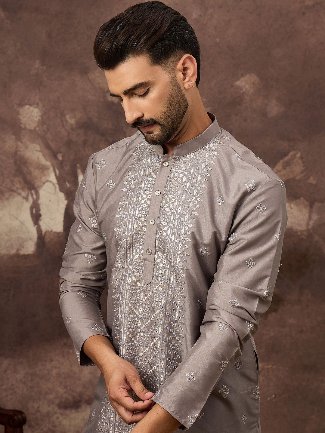 Men Grey Silk Blend Solid Embroidered Straight Kurta With Pant Set-MKSET1420