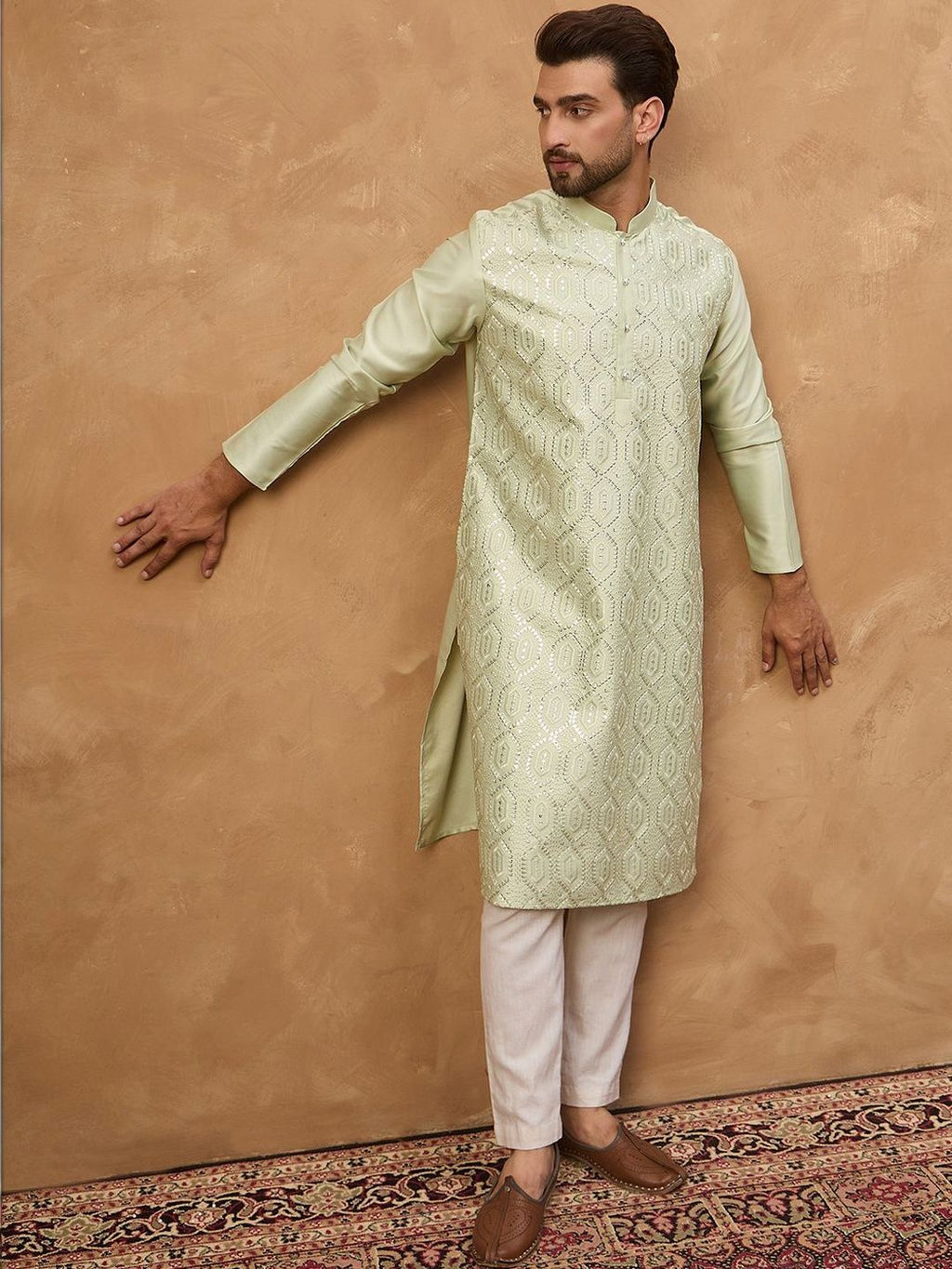Men Peach Silk Blend Solid Embroidered Straight Kurta With Pant Set-MKSET1445