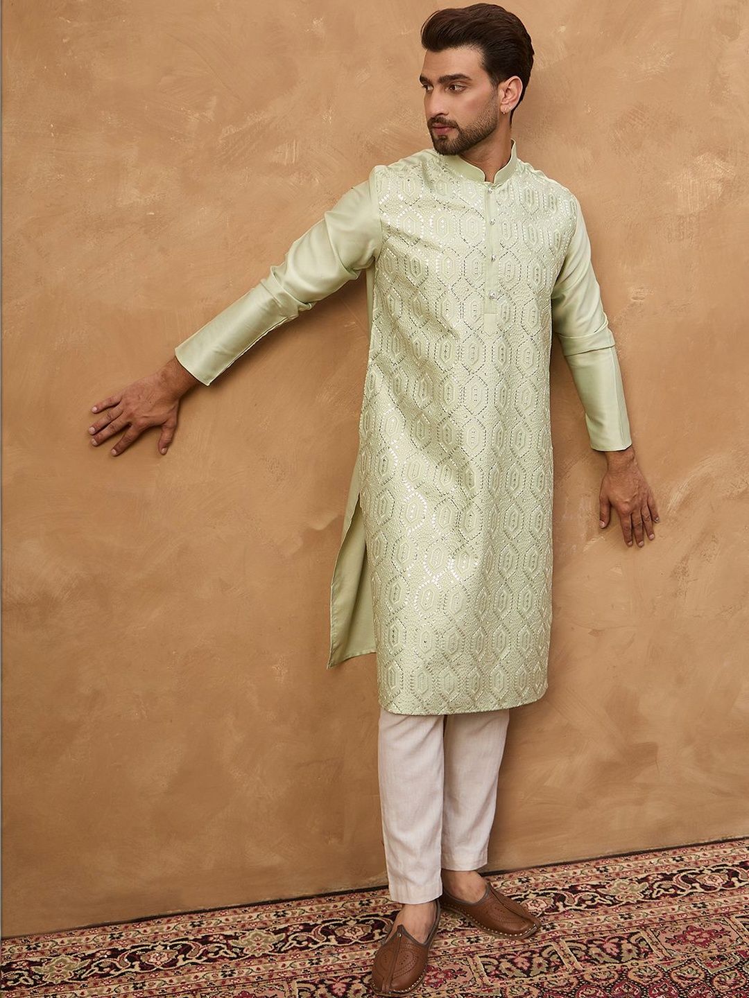 Men Peach Silk Blend Solid Embroidered Straight Kurta With Pant Set-MKSET1445