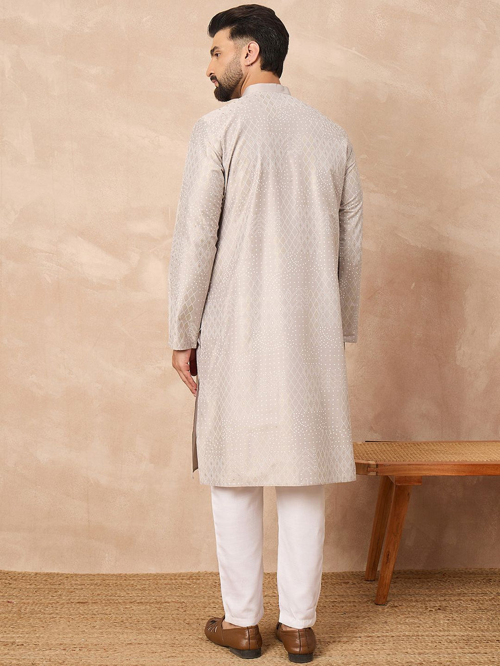 Men Grey Silk Geometric Printed Straight Kurta With Pant Set-MKSET1272