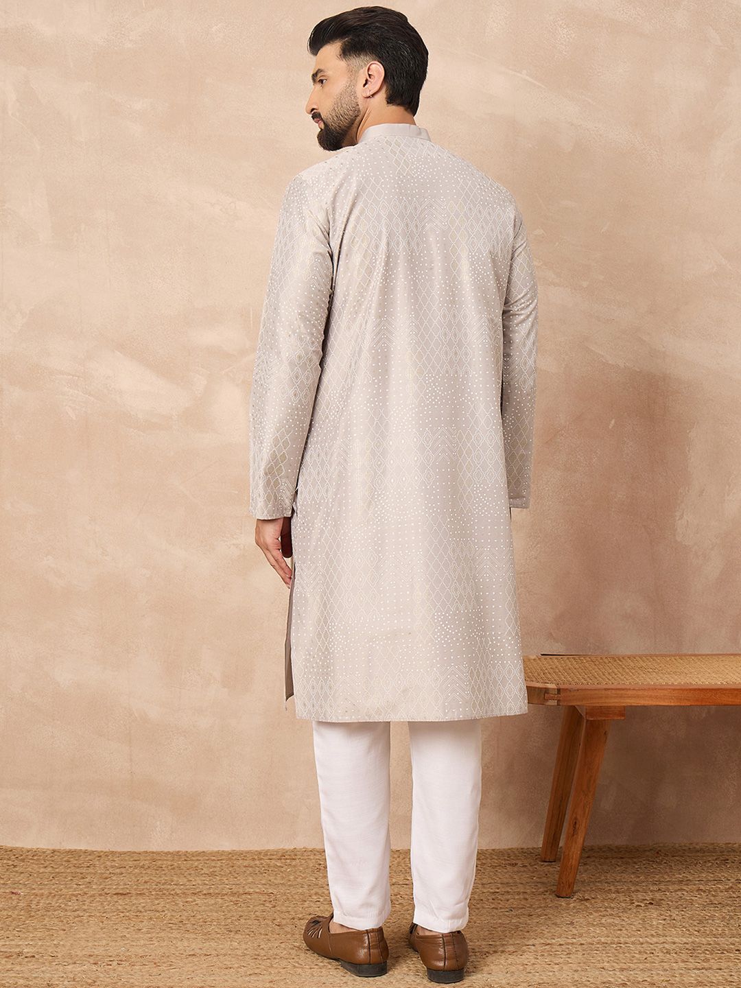 Men Grey Silk Geometric Printed Straight Kurta With Pant Set-MKSET1272