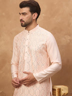 Men Peach Silk Blend Solid Embroidered Straight Kurta With Pant Set-MKSET1431