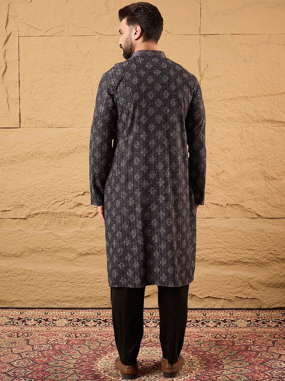 Mens Grey Viscose Rayon Ethnic Motifs Embroidered Chikankari Straight Kurta With Pant Set-MKSET1165