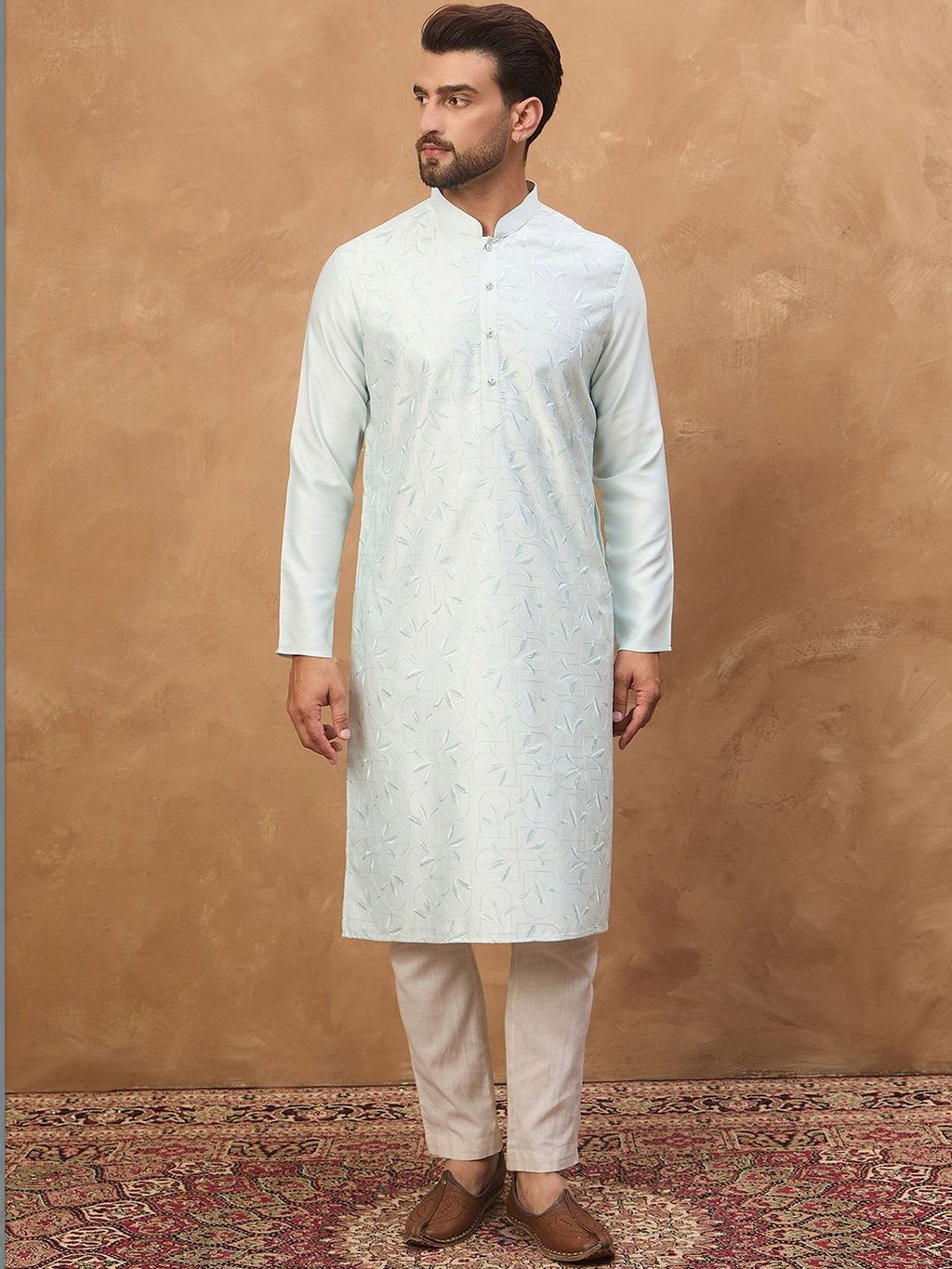 Men Blue Silk Blend Solid Embroidered Straight Kurta With Pant Set-MKSET1446