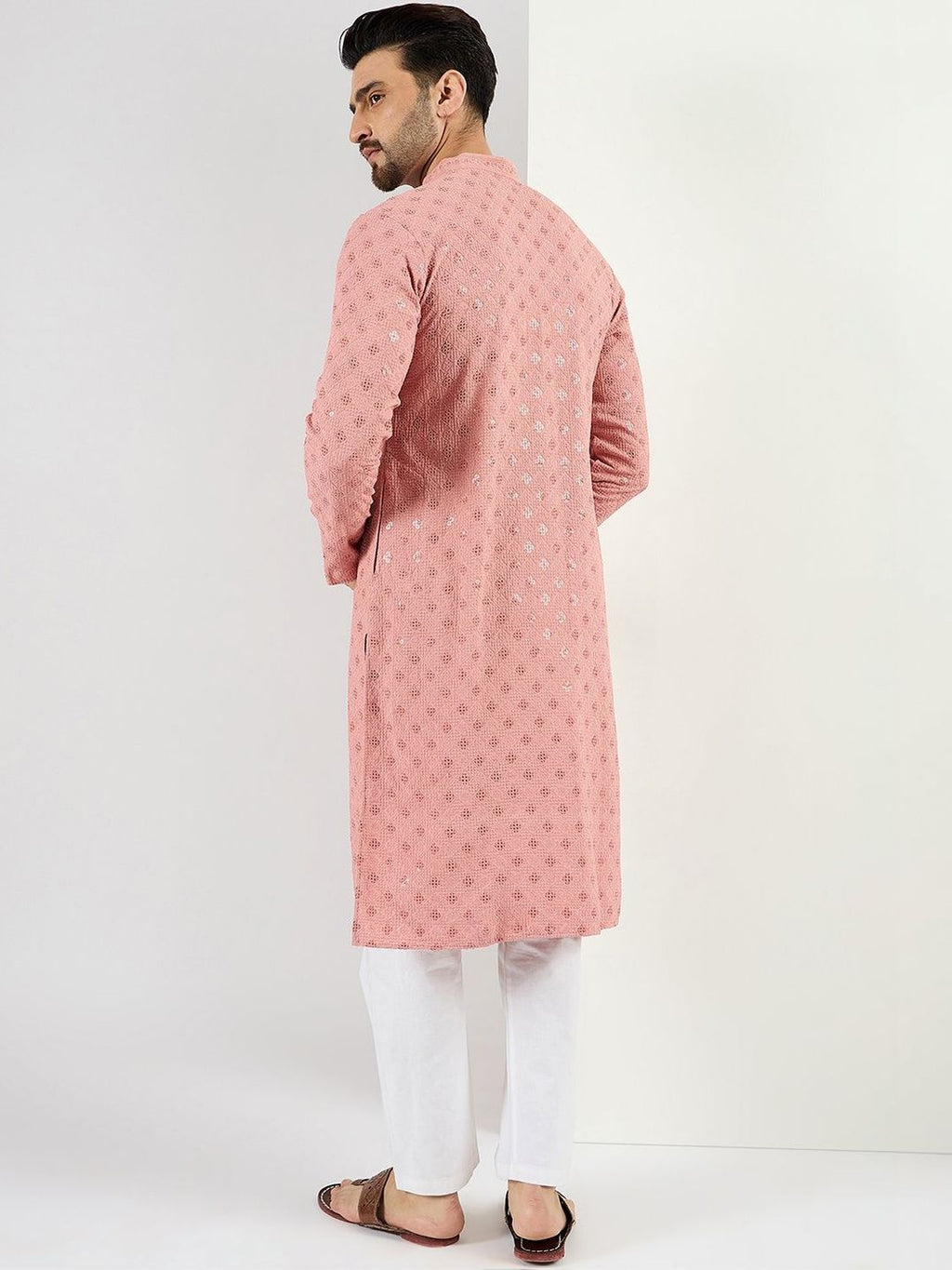 Men Pink Viscose Rayon Embroidered Straight Kurta With Pant Set-MKSET1060