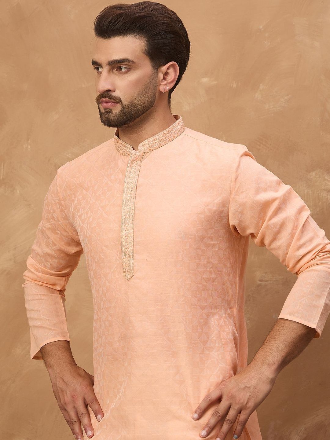 Men Peach Silk Blend Solid Embroidered Straight Kurta With Pant Set-MKSET1453