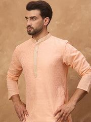 Men Peach Silk Blend Solid Embroidered Straight Kurta With Pant Set-MKSET1453