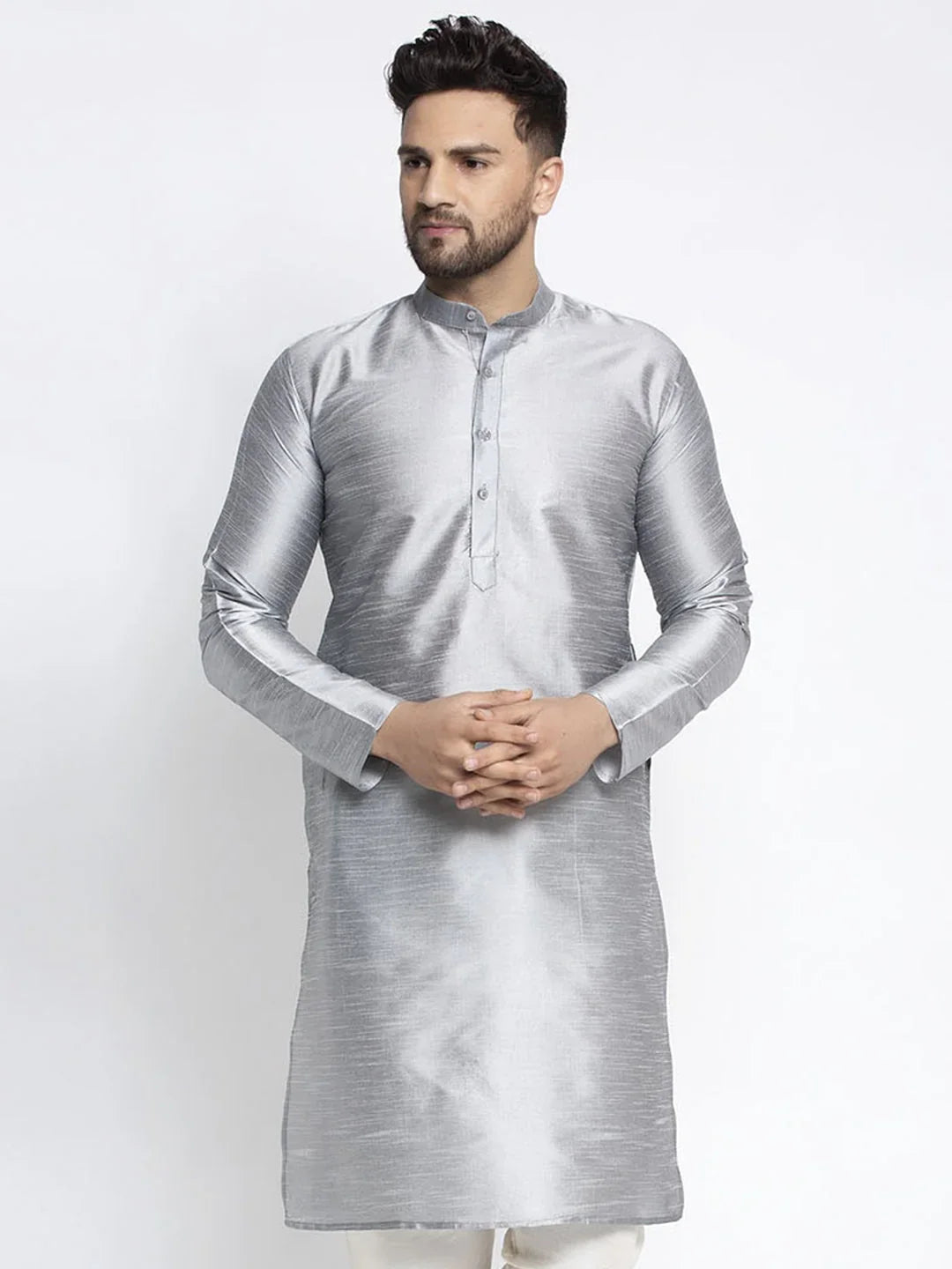 Men's Silver Solid Dupion Silk Kurta Only
