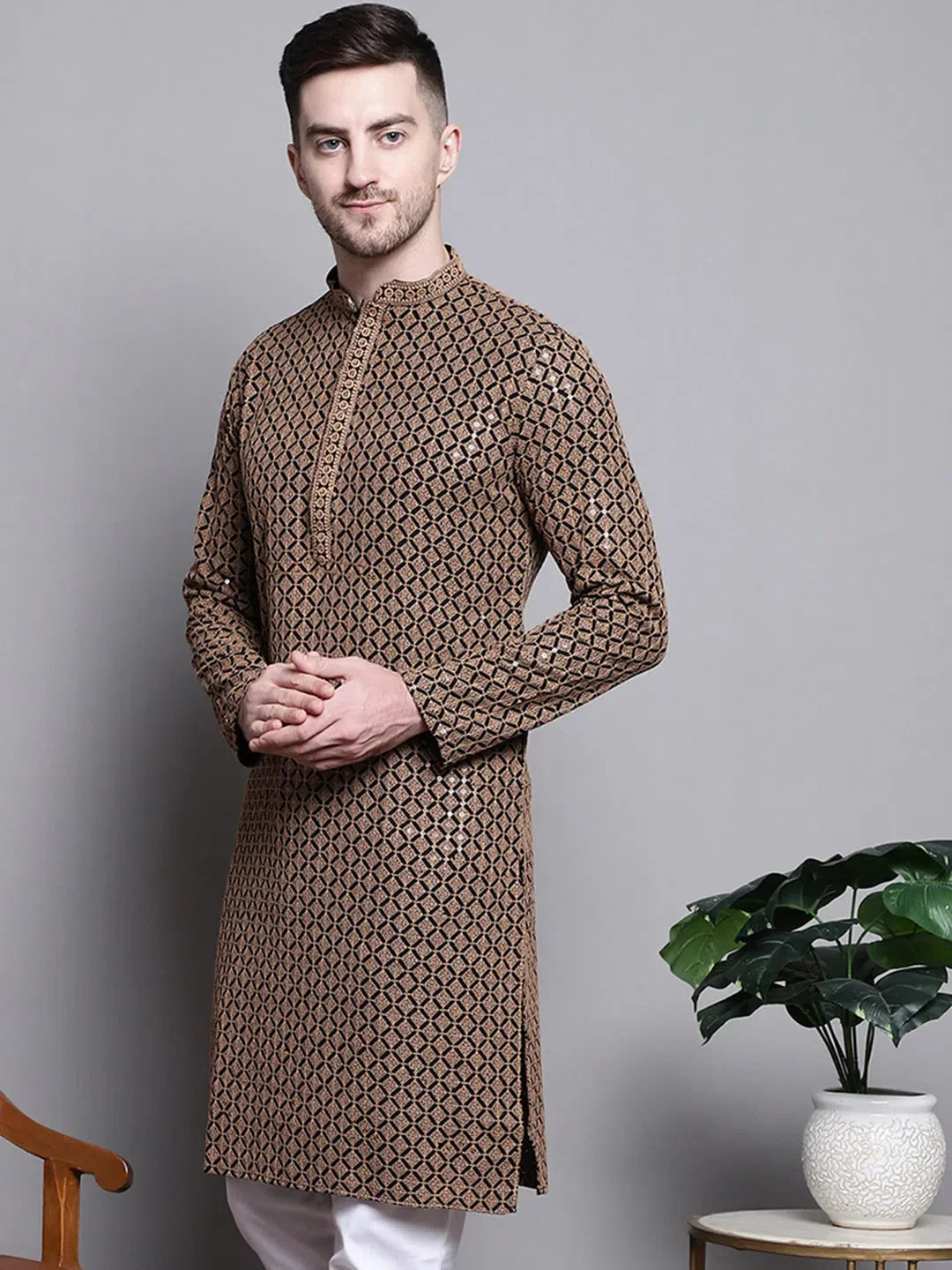 Brown Cotton Embroidered Indian Wear for Men | DesiQlo India