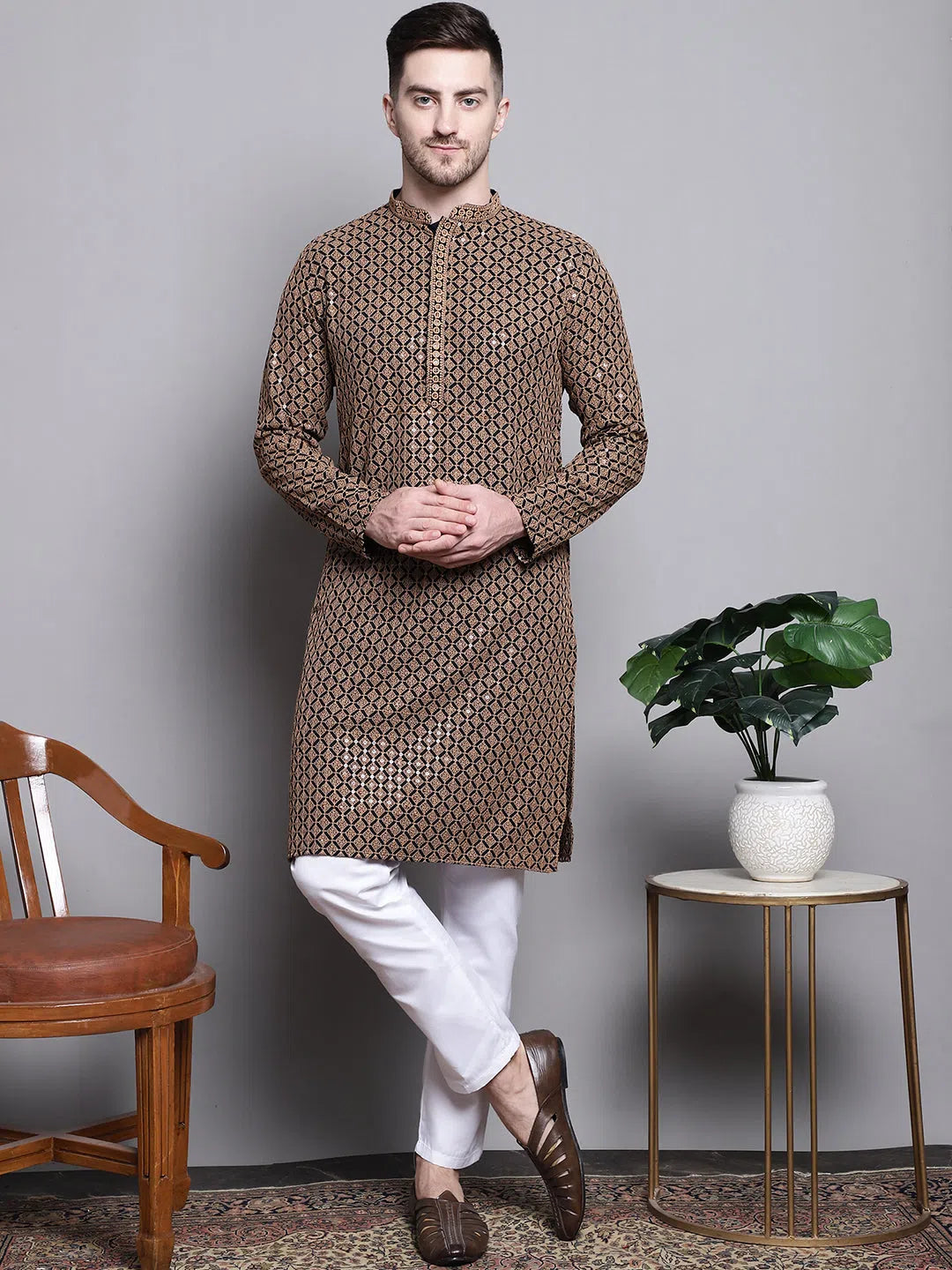 Brown Cotton Embroidered Indian Wear for Men | DesiQlo India