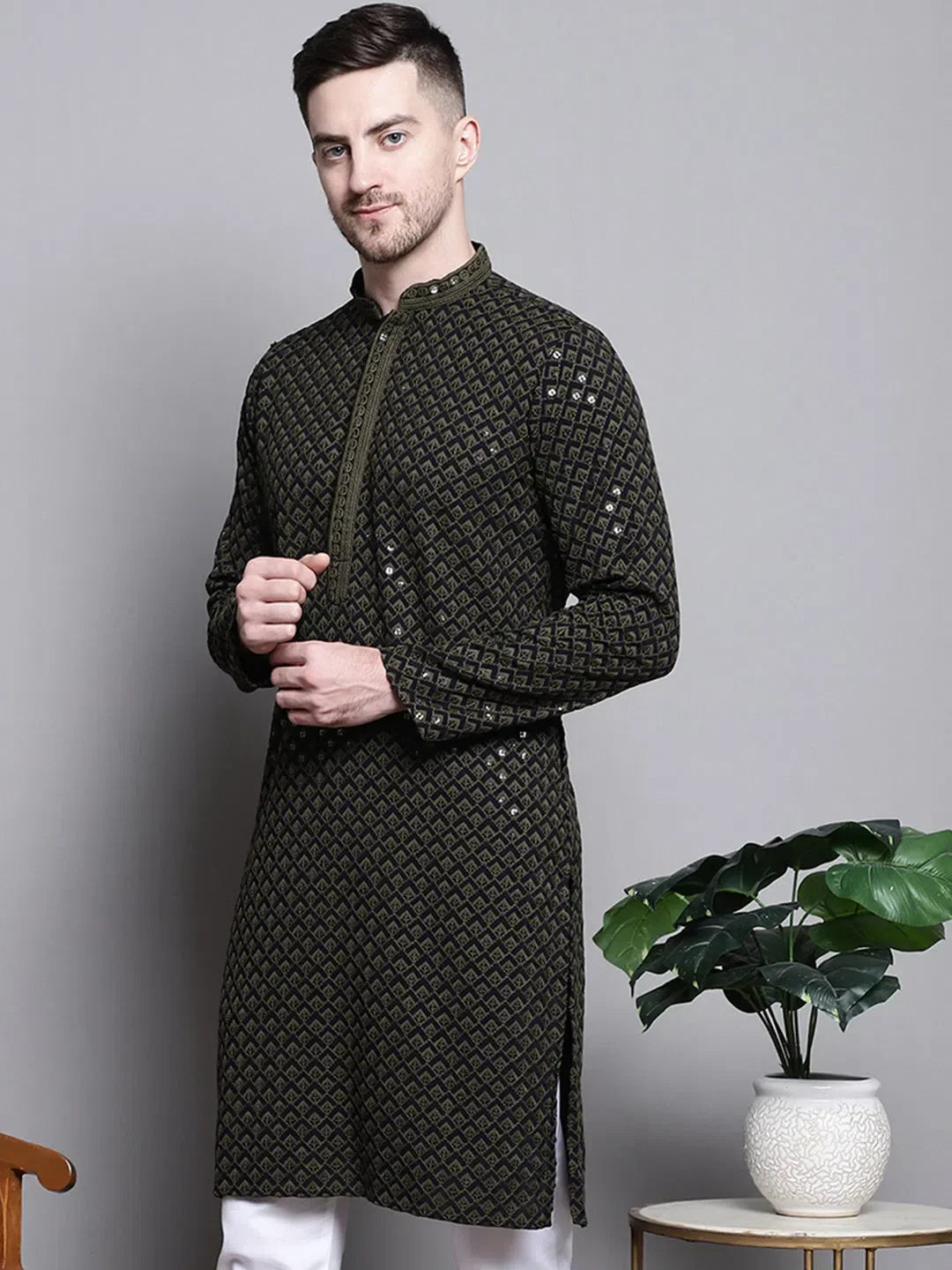 Mehndi Cotton Embroidered Indian Wear for Men | DesiQlo India