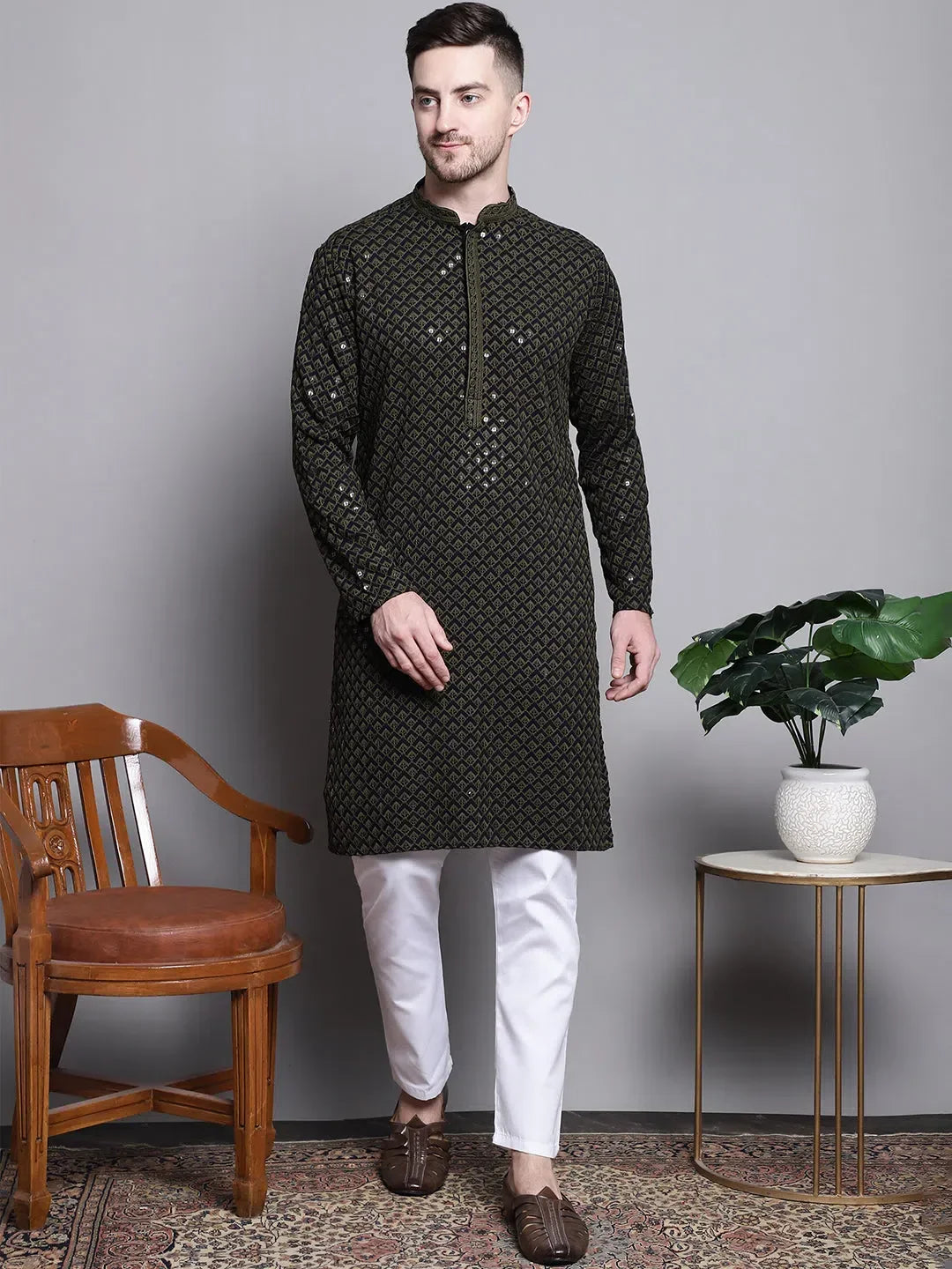 Mehndi Cotton Embroidered Indian Wear for Men | DesiQlo India