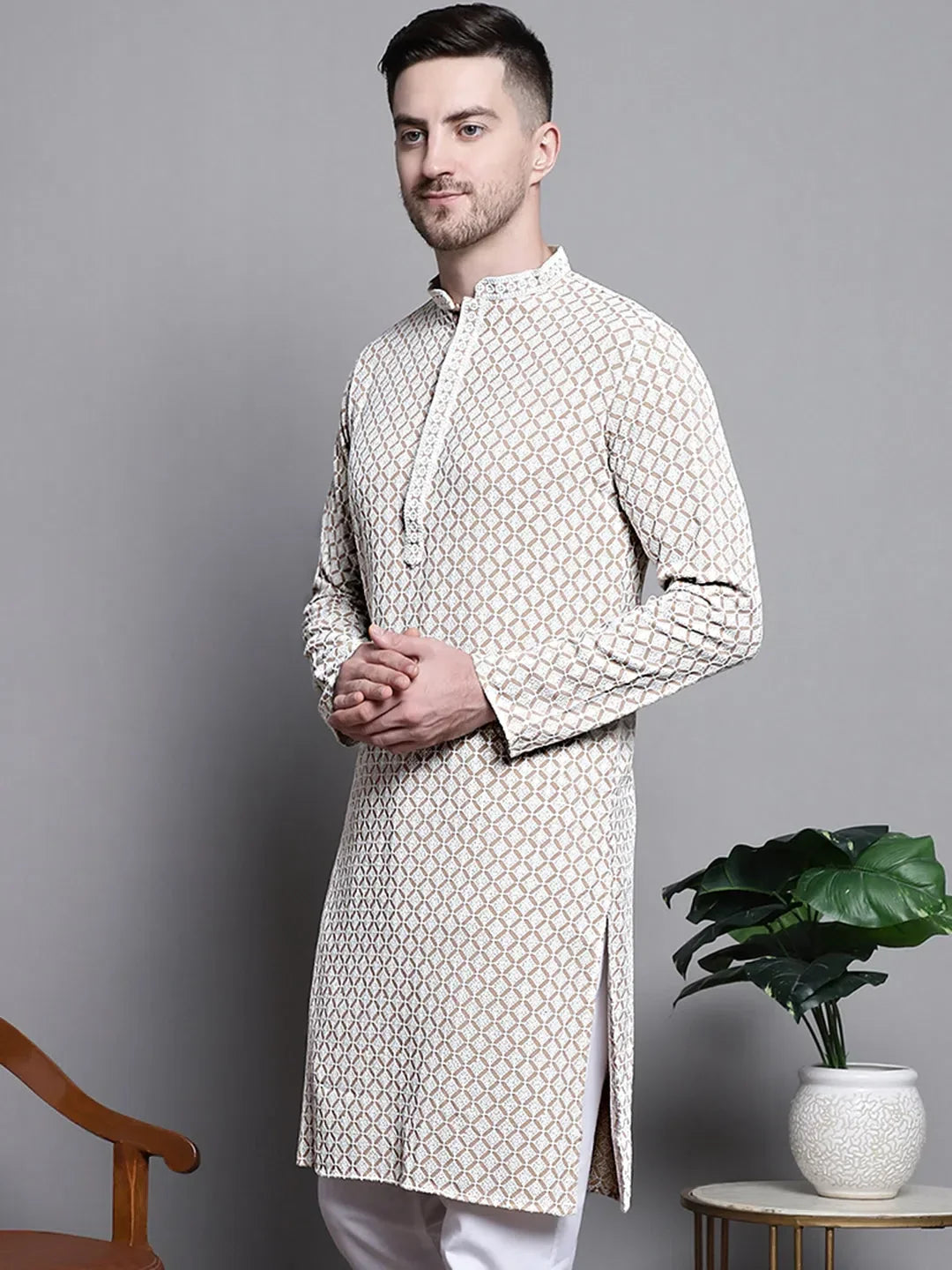 Beige Cotton Embroidered Indian Wear for Men | DesiQlo India