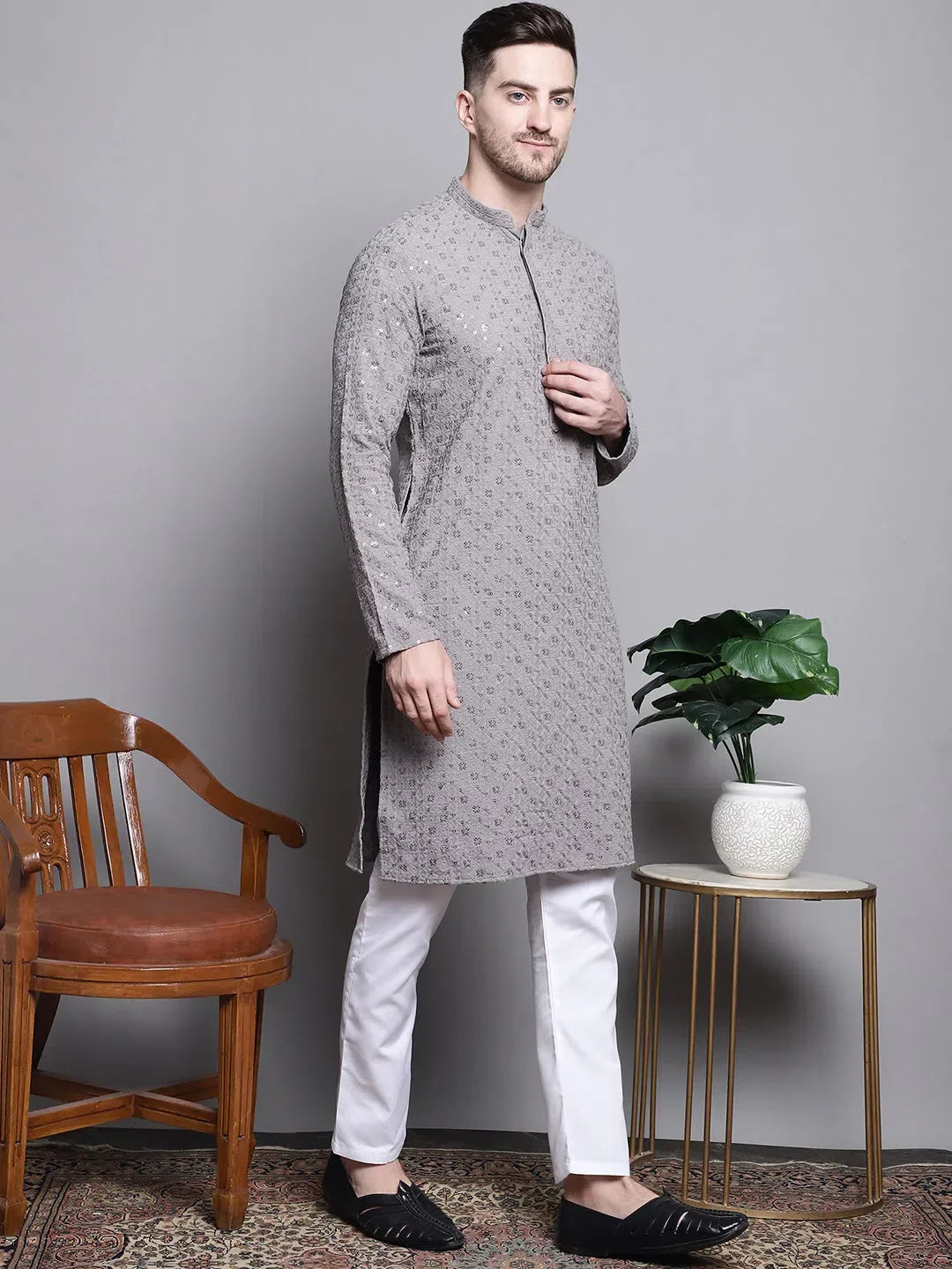 Grey Cotton Embroidered Indian Wear KO_5006Grey | DesiQlo