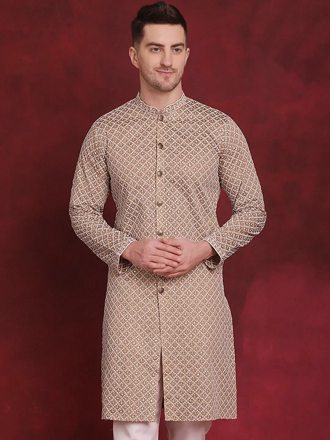 Beige Silk Geometric Indian Wear for Men | DesiQlo India