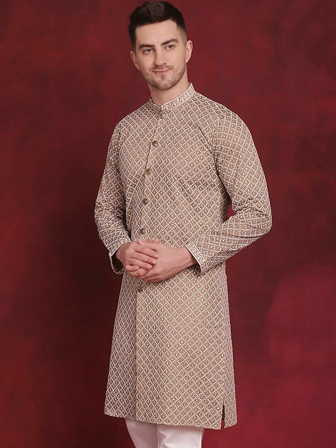 Beige Silk Geometric Indian Wear for Men | DesiQlo India