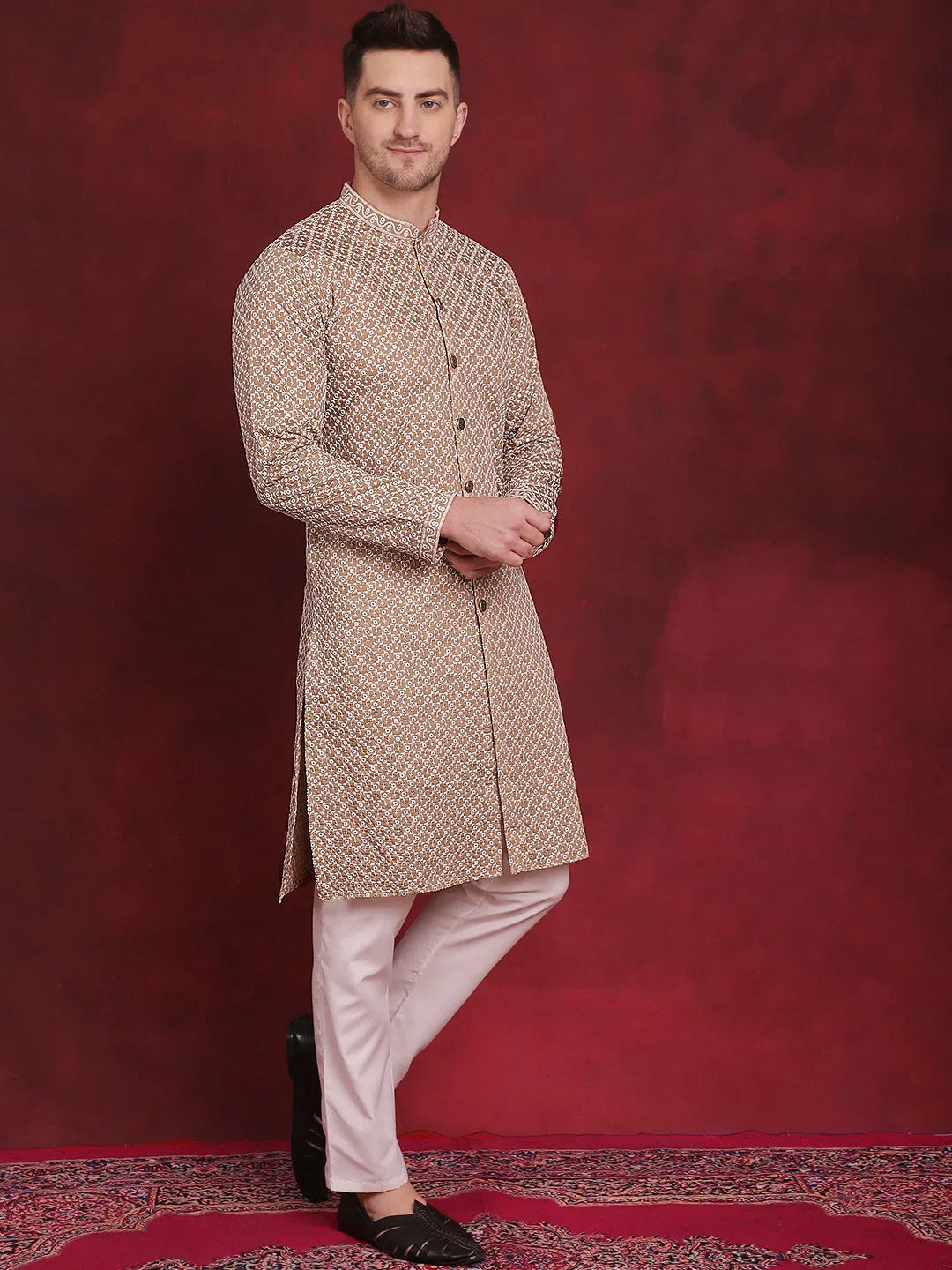 Beige Silk Geometric Indian Wear for Men | DesiQlo India