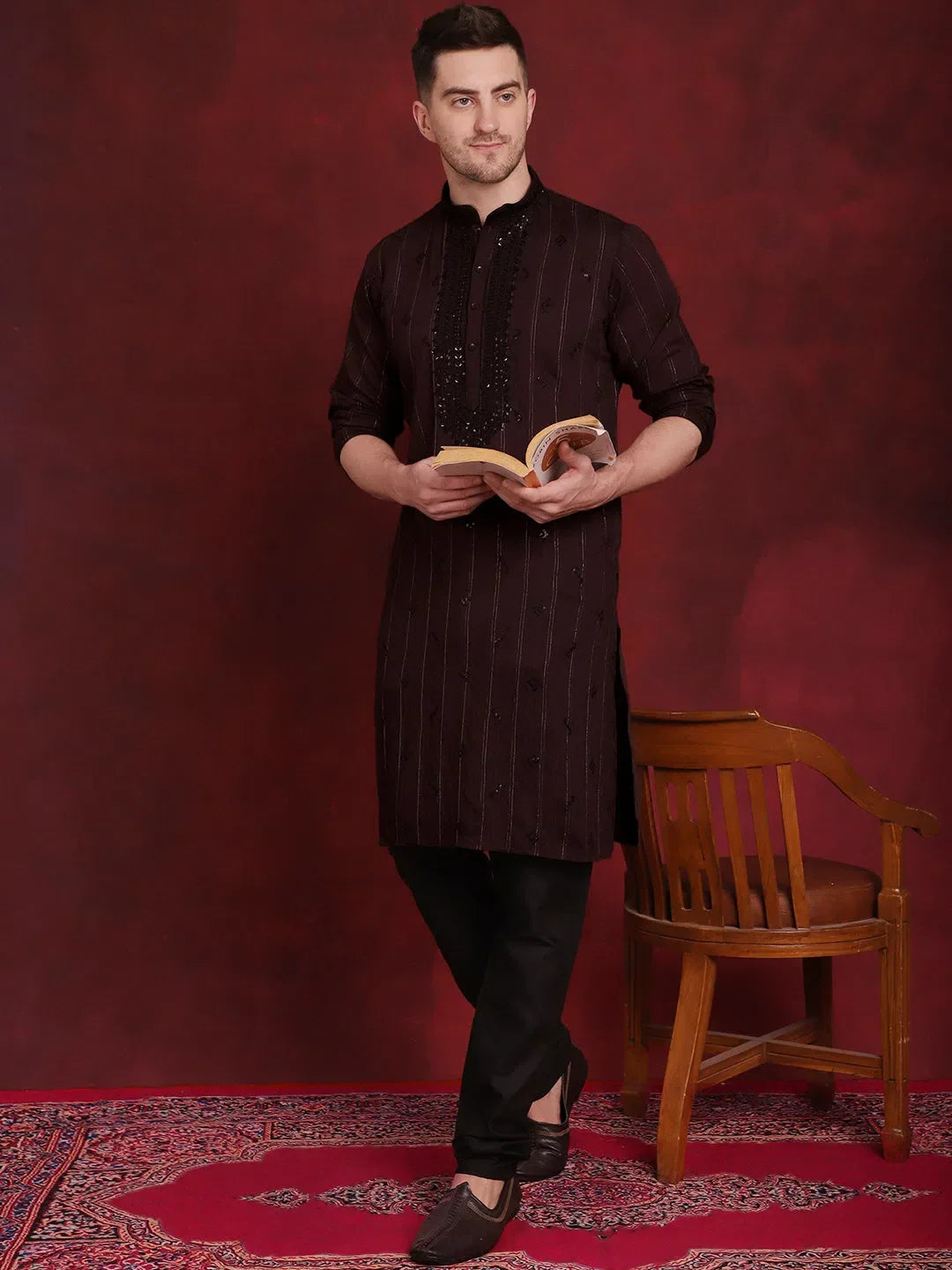 Sequins Embroidered Kurtas for Men-KO-5030Maroon