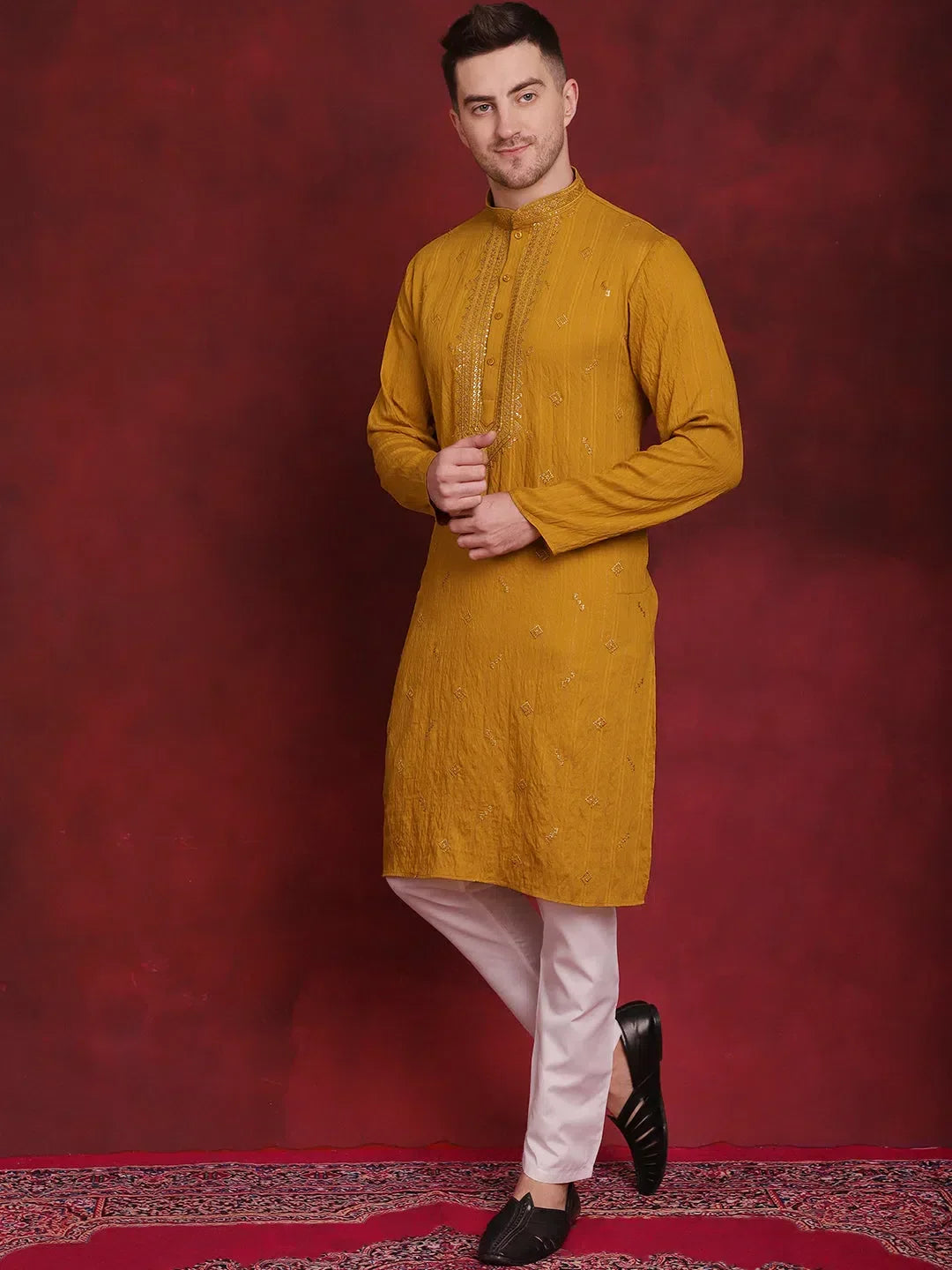 Mustard Viscose Geometric Indian Wear for Men | DesiQlo India
