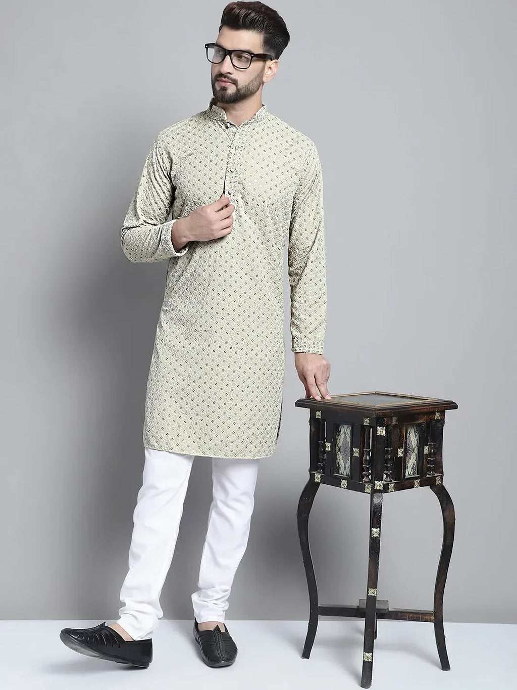 Men Beige Chikankari Embroidered and Sequence Kurtas-KO-678Beige