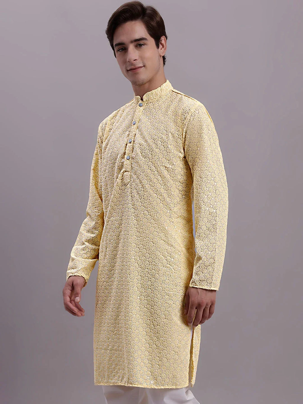 Men's Yellow Chikankari Embroidered and Sequence Kurta-KO 5000