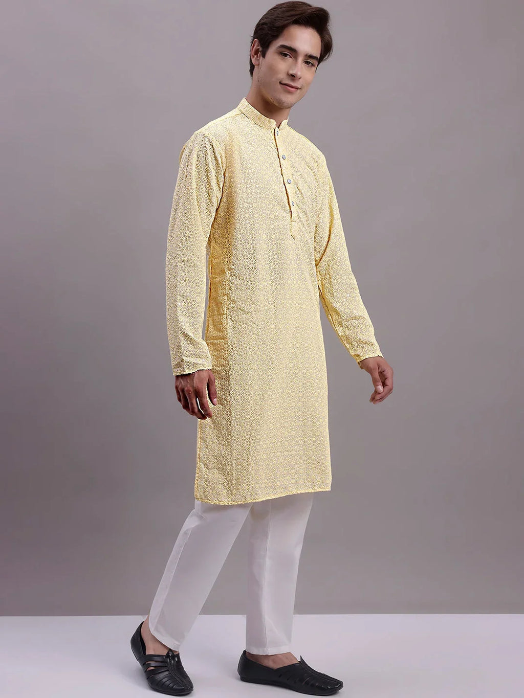 Men's Yellow Chikankari Embroidered and Sequence Kurta-KO 5000