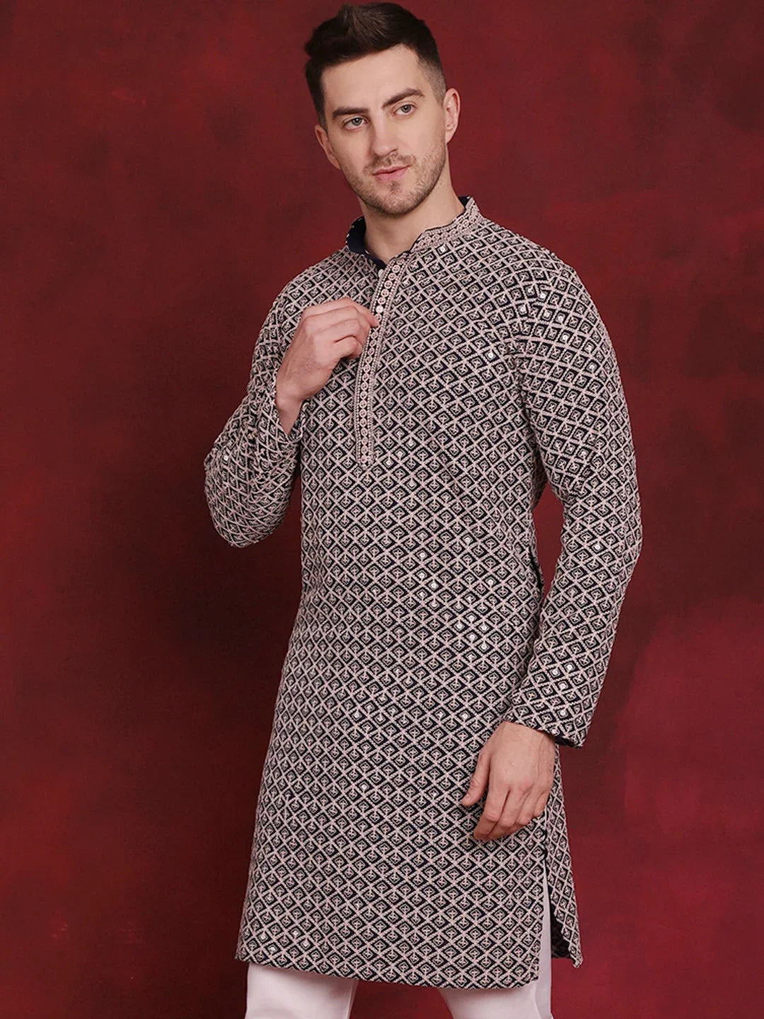 Blue Cotton Solid Indian Wear KO_5005Navy | DesiQlo
