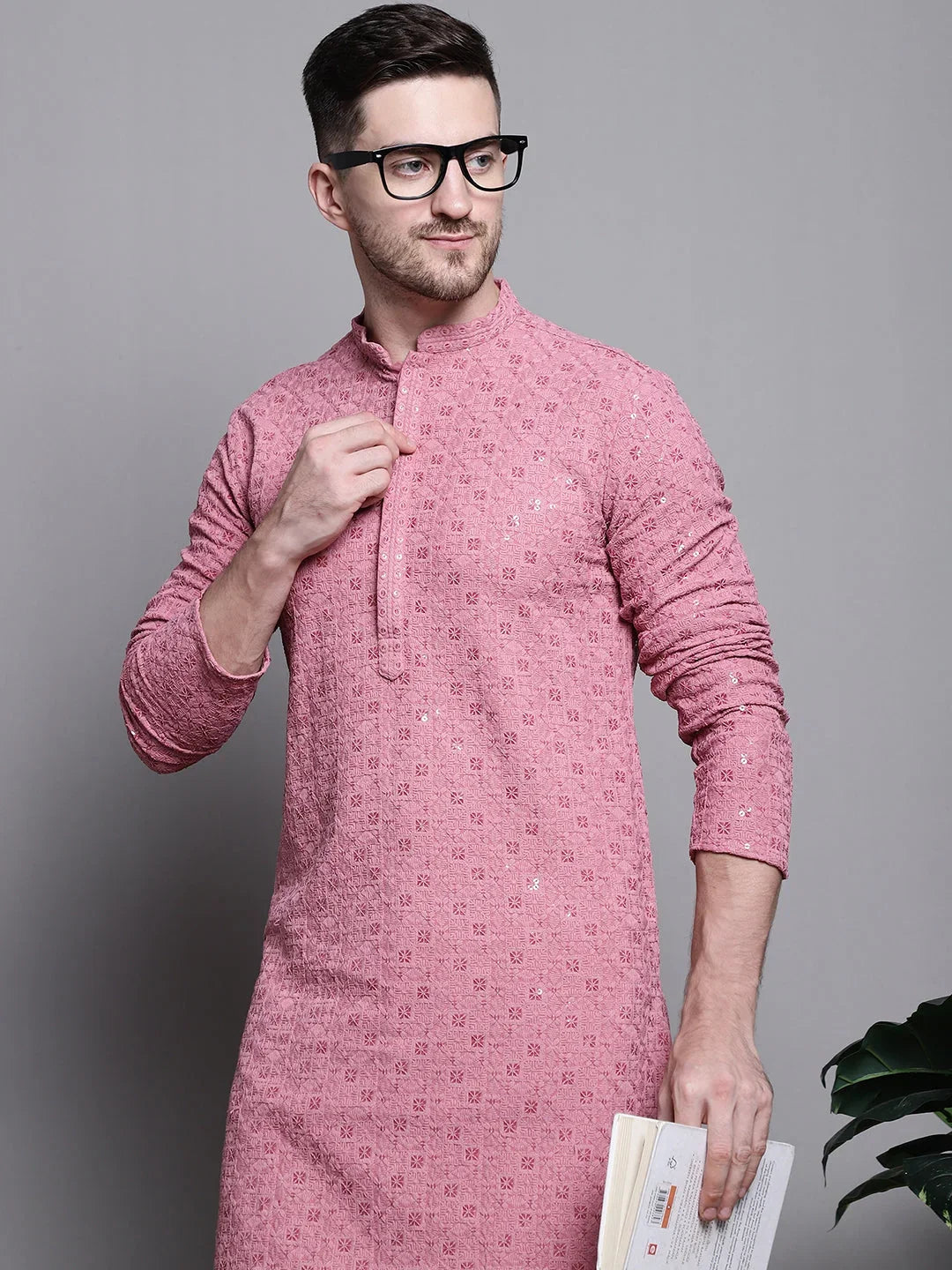 Sequin Embroidered Pure Cotton Kurtas-KO-5006Coral