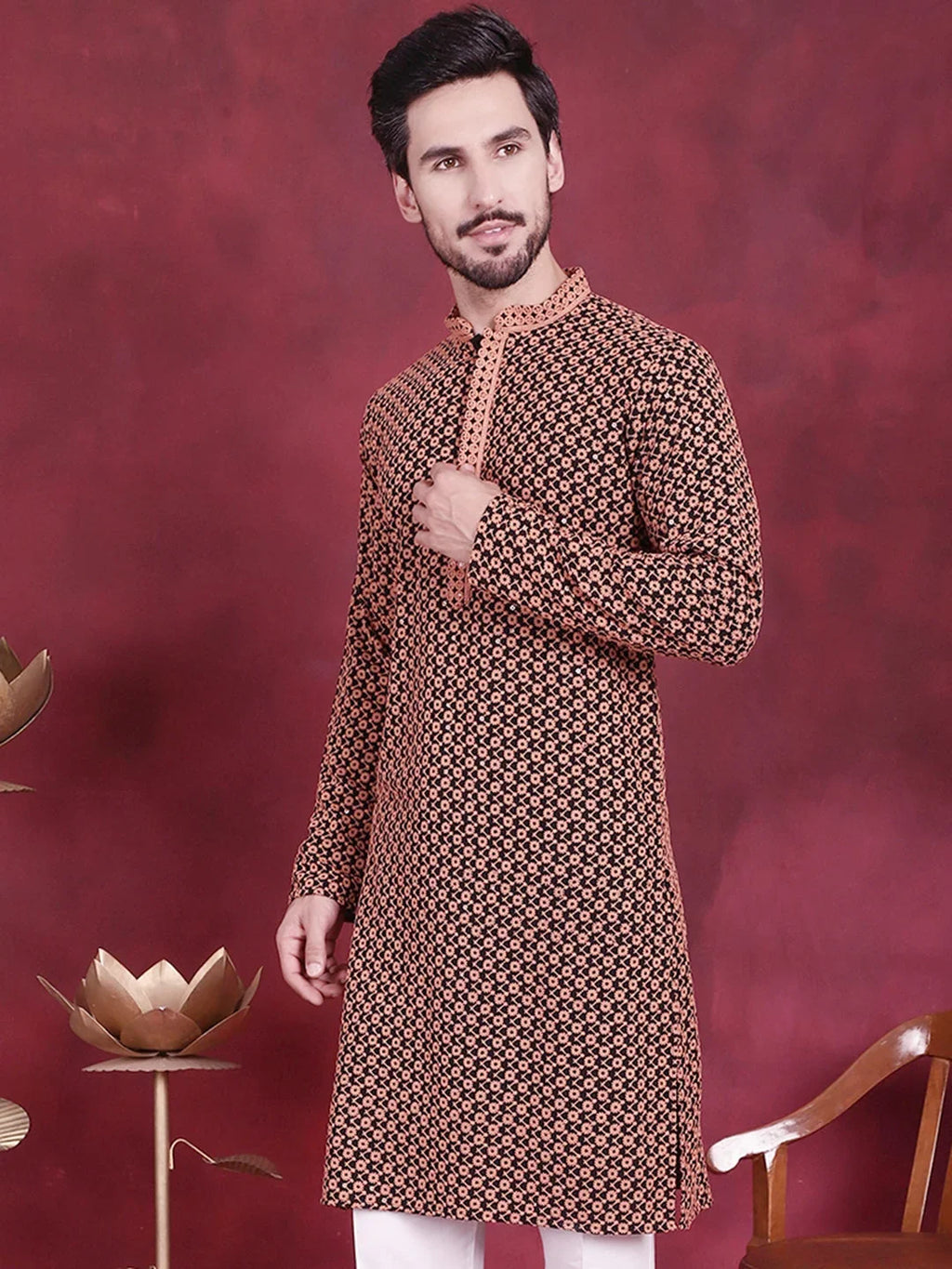 Men's Sequins Embroidered Kurtas ( KO 5013 Orange )