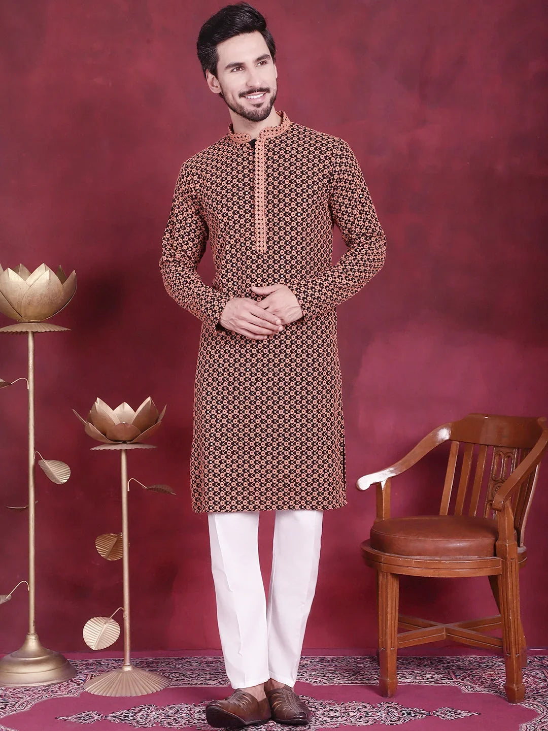 Orange Rayon Solid Indian Wear for Men | DesiQlo India