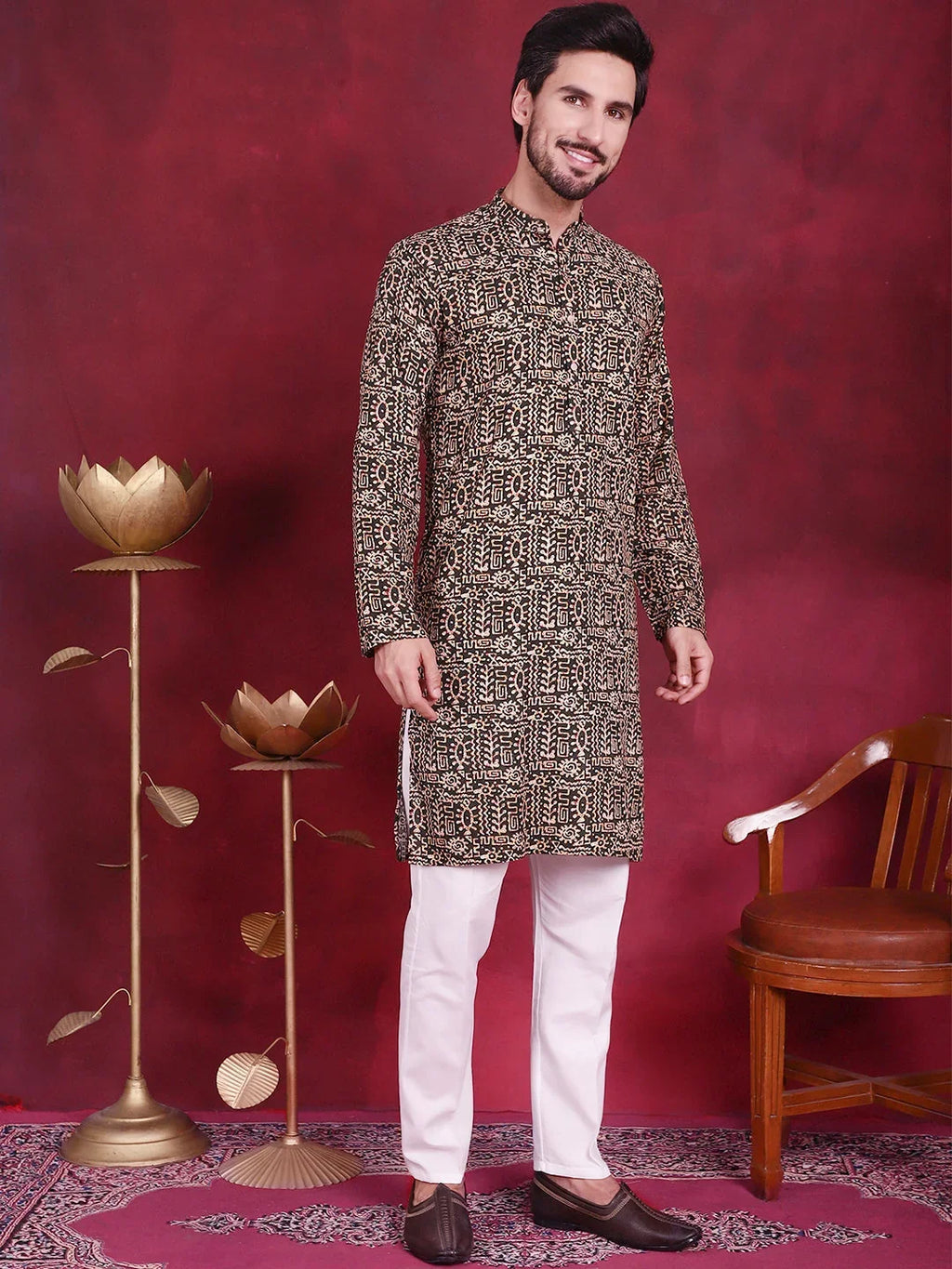 Men's Digital Printed Kurtas. ( KO 5014 Olive )