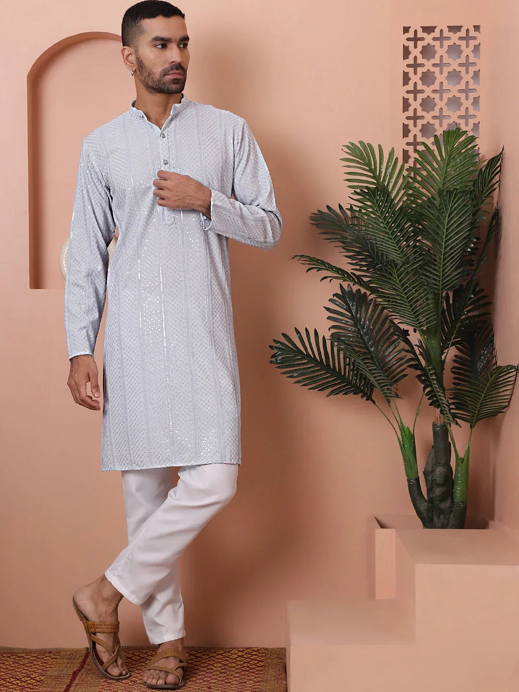 Men's Sequins Embroidered Kurtas-KO-5015Light-Grey