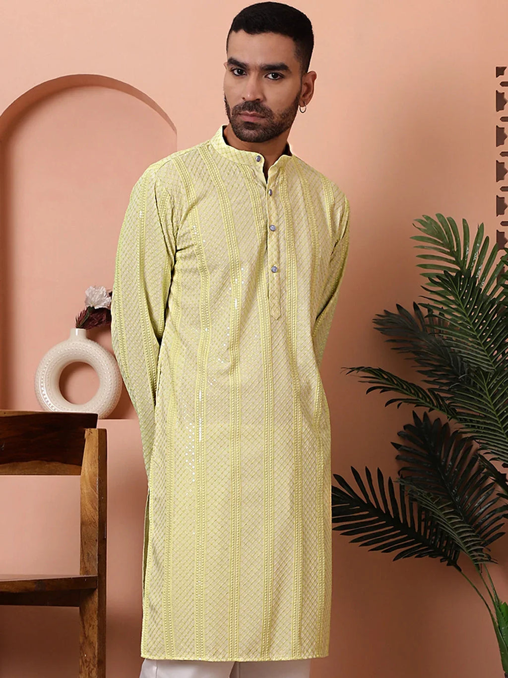 Men's Sequins Embroidered Kurtas-KO-5015Lime