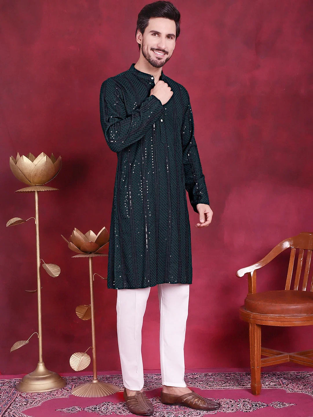 Men's Sequins Chikankari Embroidered Kurtas. ( KO 5015 Olive )