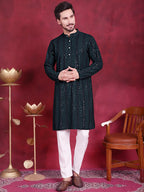 Men's Sequins Chikankari Embroidered Kurtas. ( KO 5015 Olive )