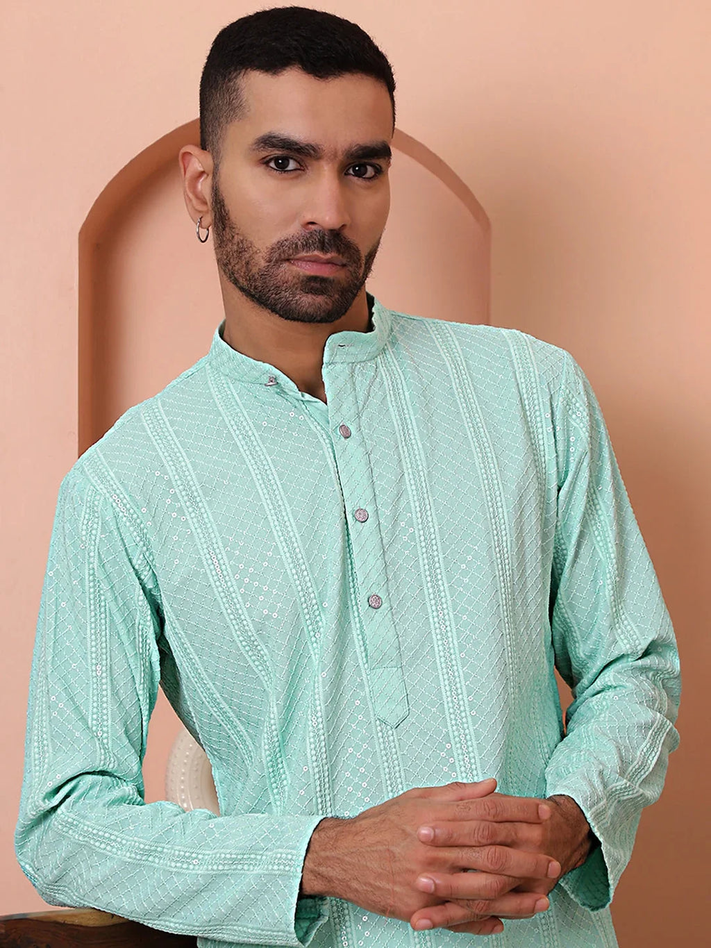 Men's Sequins Embroidered Kurtas-KO-5015Sky