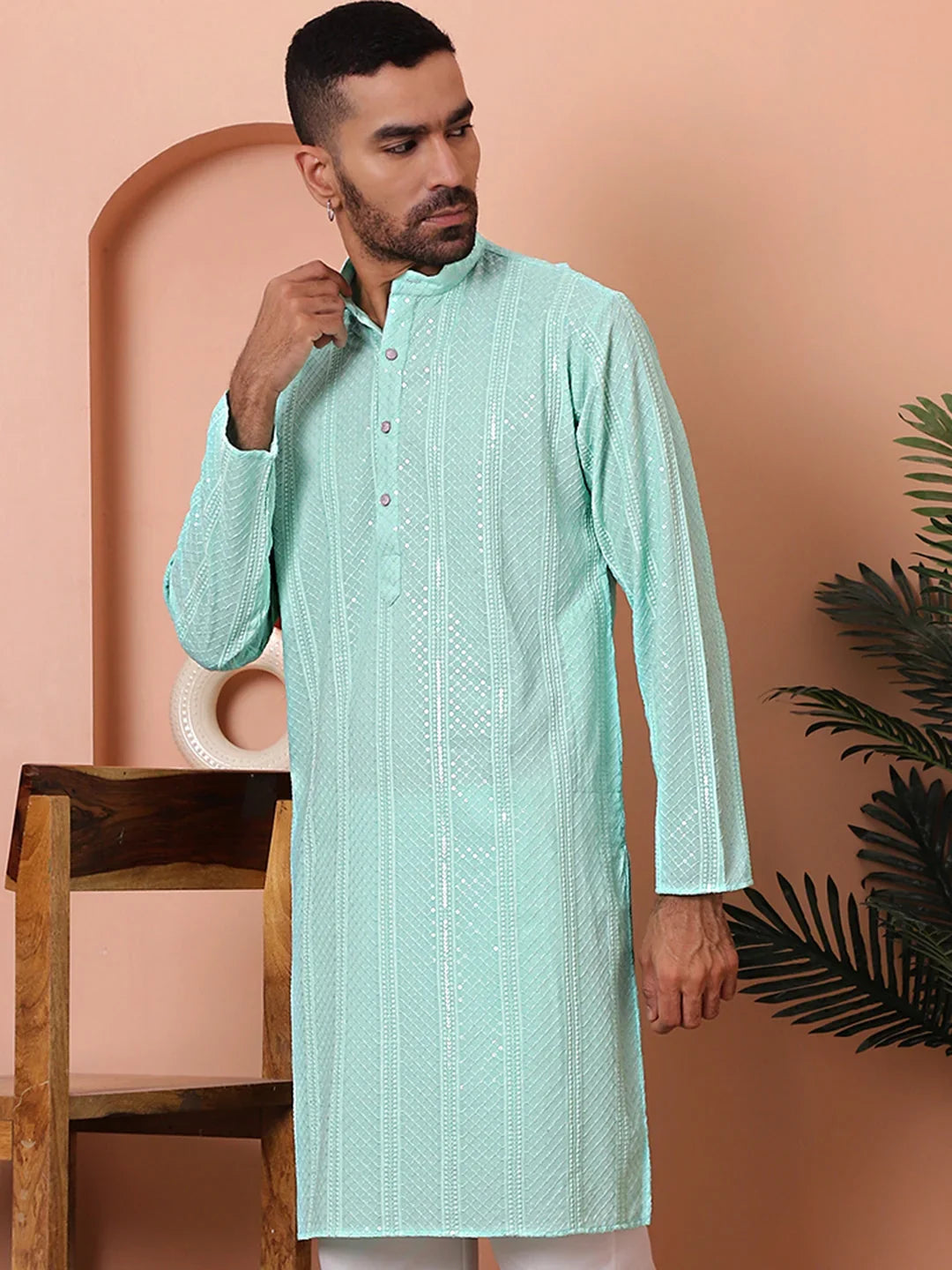 Men's Sequins Embroidered Kurtas-KO-5015Sky