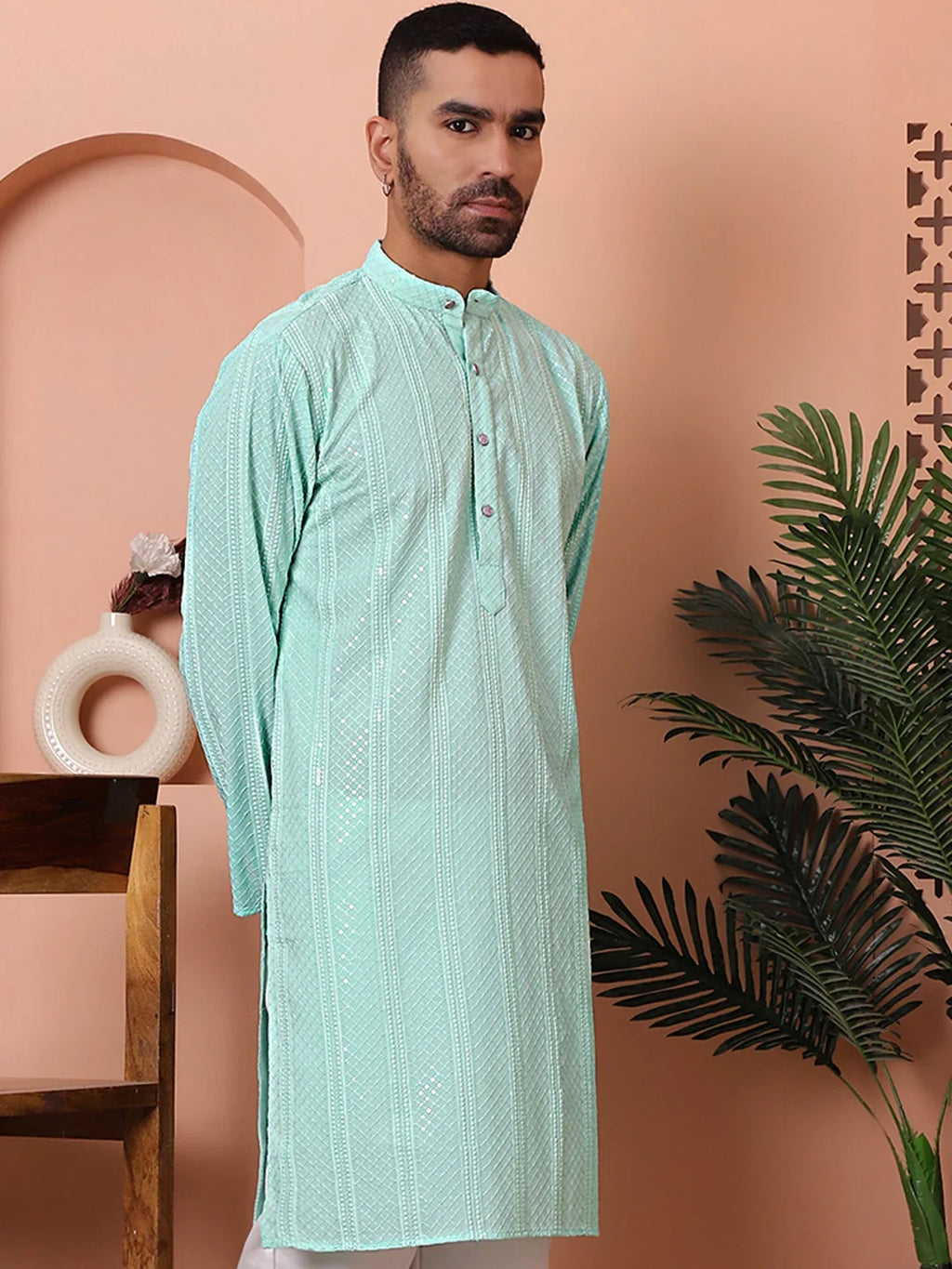 Men's Sequins Embroidered Kurtas-KO-5015Sky