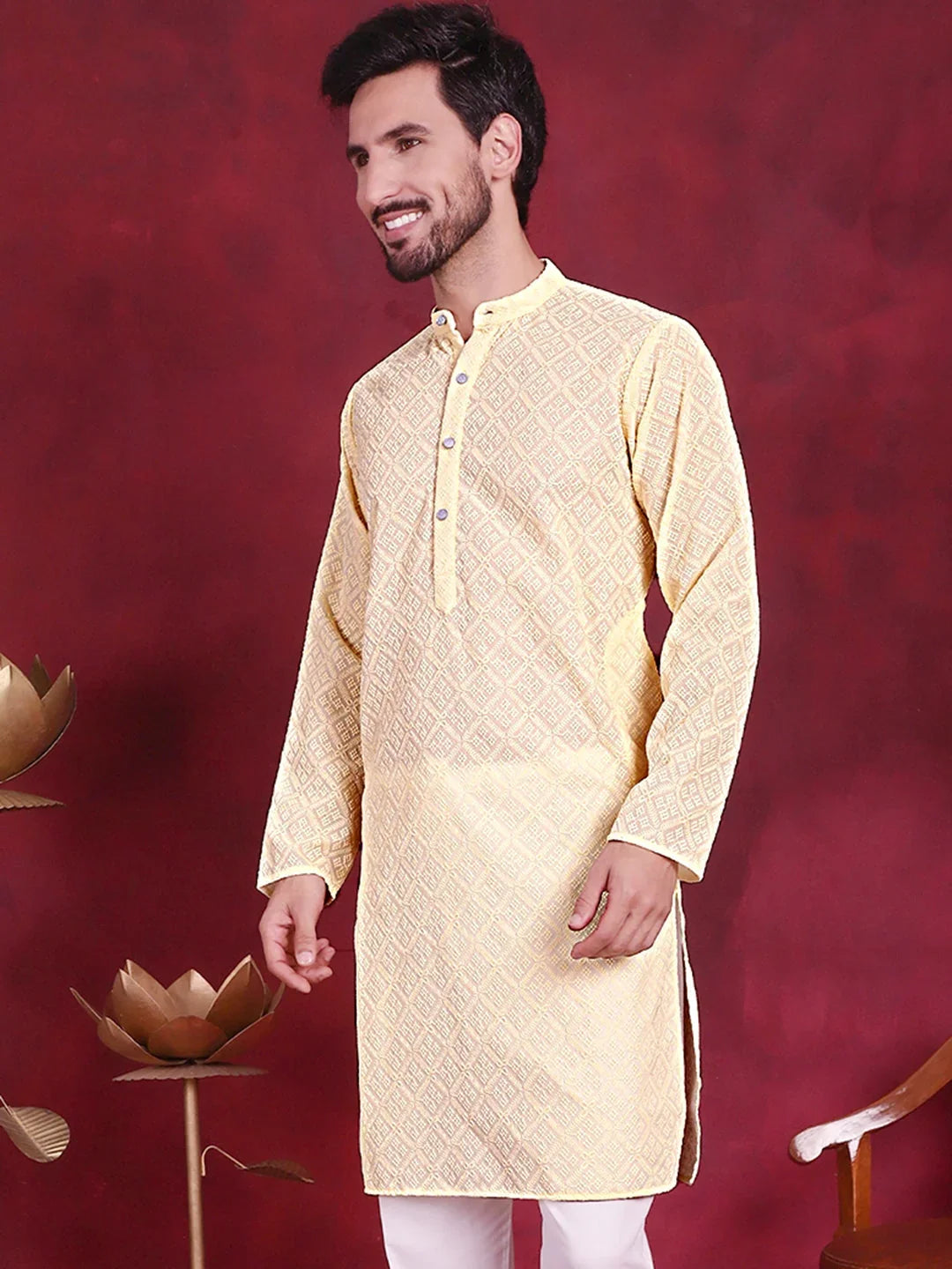 Chikankari Embroidered Kurtas ( KO 5017 Yellow )