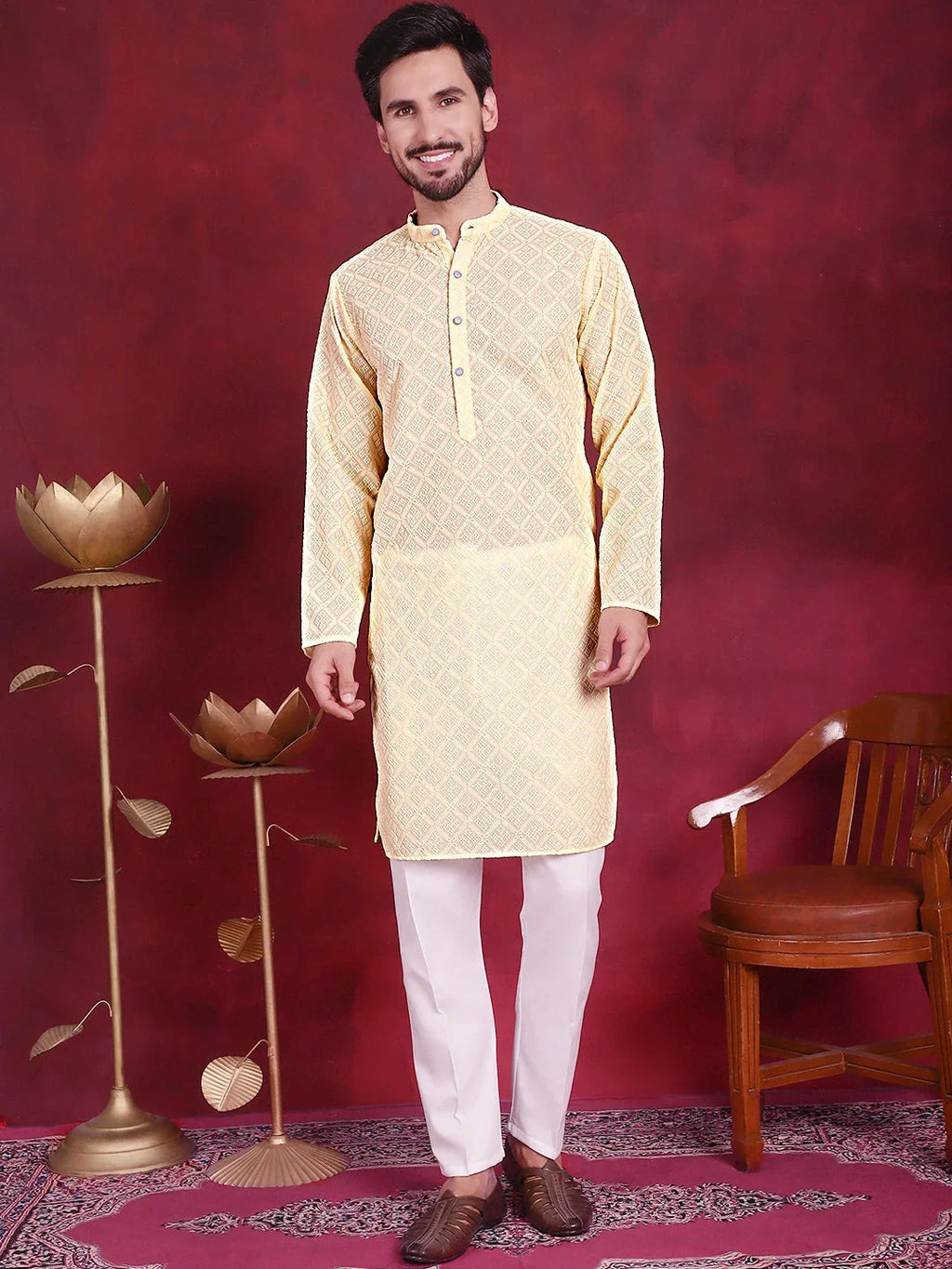 Chikankari Embroidered Kurtas ( KO 5017 Yellow )