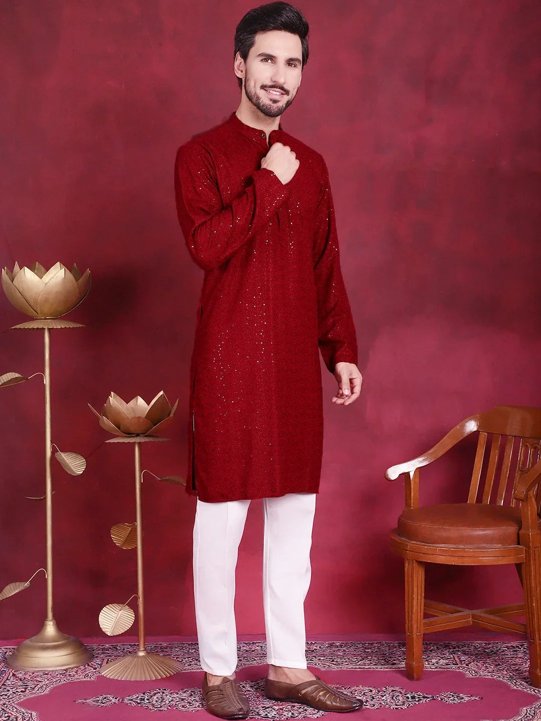 Maroon Rayon Solid Indian Wear for Men | DesiQlo India