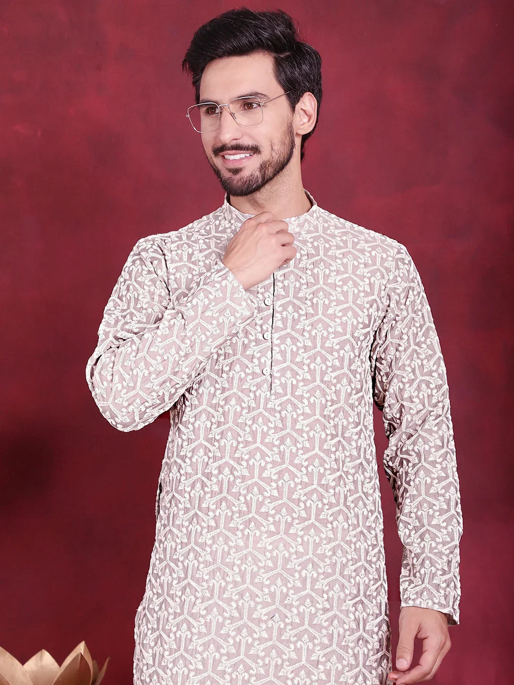 Men's Chikankari Embroidered Kurtas. ( KO 5020 Grey )