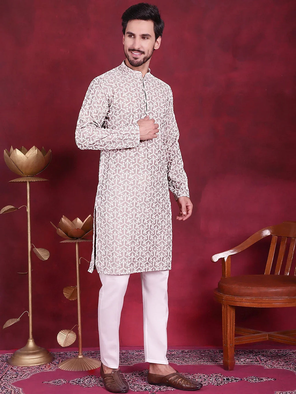 Men's Chikankari Embroidered Kurtas. ( KO 5020 Grey )