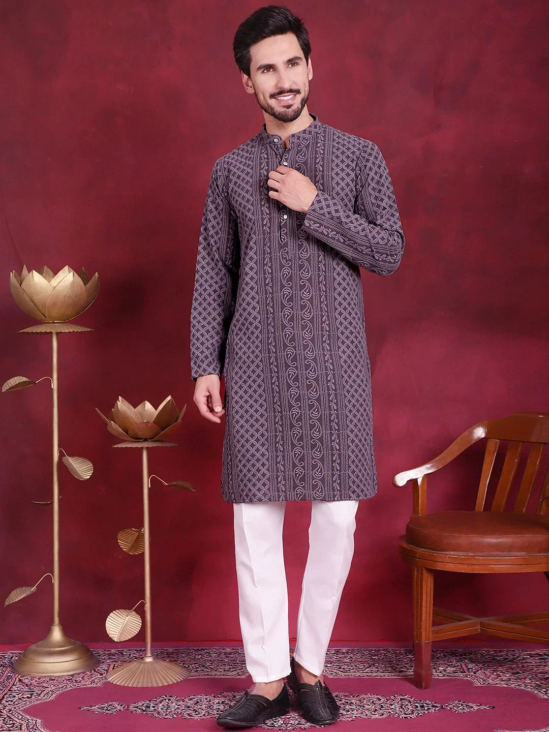 Grey Polyester Solid Indian Wear for Men | DesiQlo India
