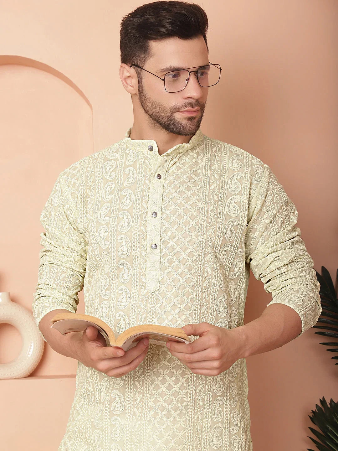 Men's Chikankari Embroidered Kurtas-KO-5021Pista