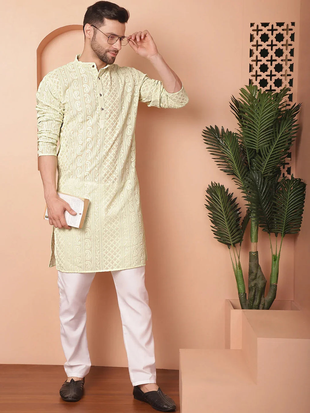Men's Chikankari Embroidered Kurtas-KO-5021Pista