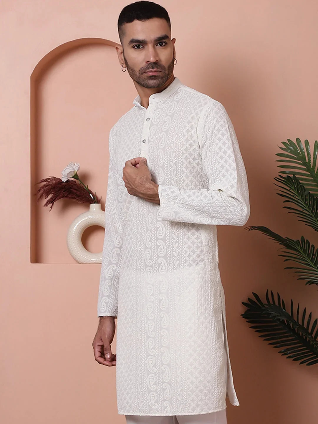 Men's Embroidered Kurtas-KO-5021White