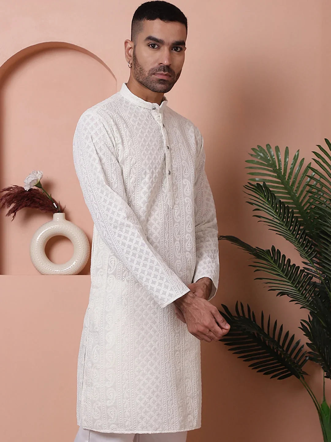 Men's Embroidered Kurtas-KO-5021White