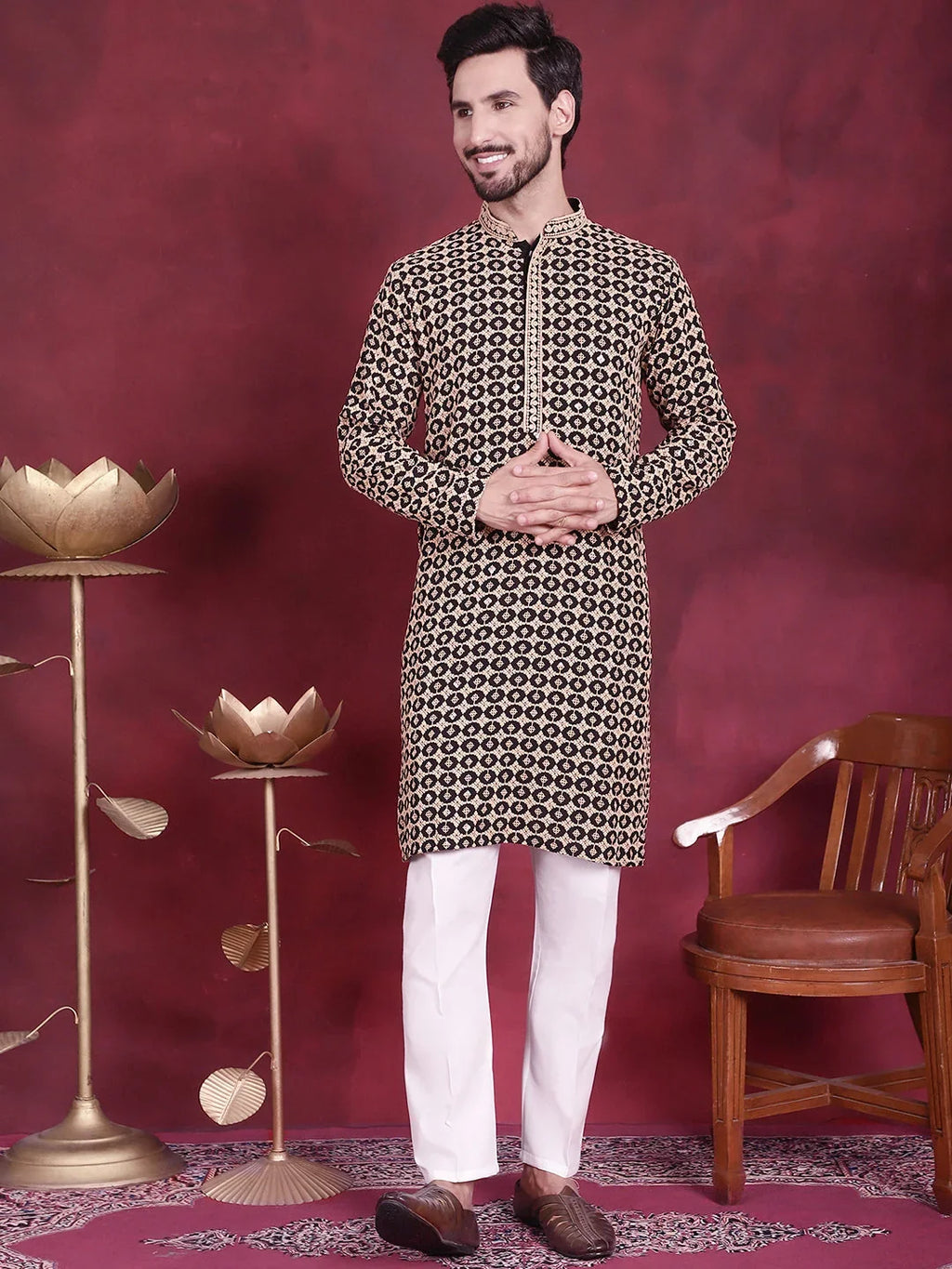 Men's Sequins Embroidered Kurtas ( KO 5023 Black )